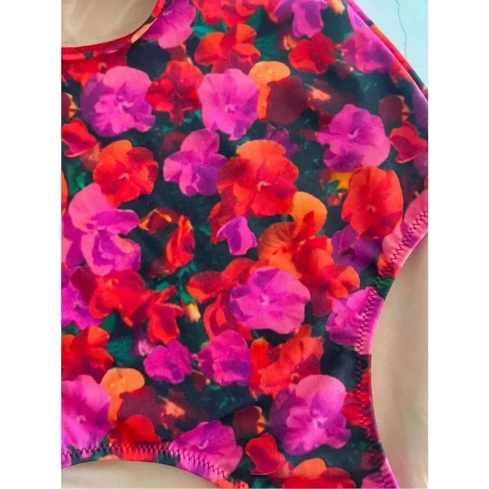 Crewcuts Girl one shoulder Swimsuit pansy floral Size 6-7 NWT